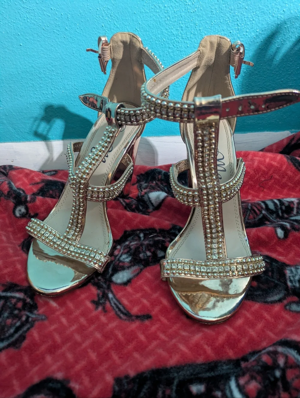 ✨ STUNNING Rhinestone T-Strap Heels– Gold Sparkle ✨
